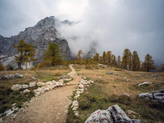 Kallio ja polkumerkki metsä- ja vuoristomaiseman edessä, vaellusreitti Erjavčevan tunturin lähellä, Slovenia.